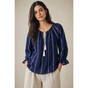 Fate Navy Embroidered Tassel Tie Peasant Blouse Medium Boho